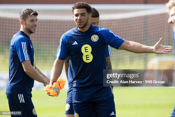 Che Adams in action during a Scotland training session at Lesser Hampden, on September 11 in Glasgow, Scotland.