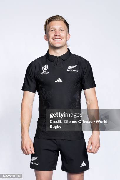 Damian McKenzie of New Zealand poses for a portrait during the New Zealand Rugby World Cup 2023 Squad photocall on September 02, 2023 in Lyon, France.