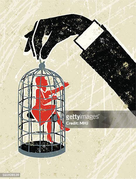 man's hand holding little woman trapped in a birdcage - violence stock illustrations