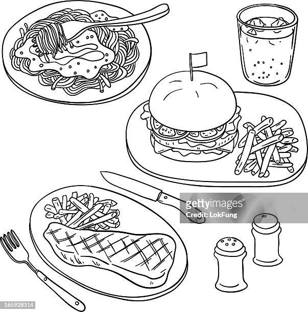 ilustraciones, imágenes clip art, dibujos animados e iconos de stock de western alimentos en blanco y negro - hamburguesa alimento