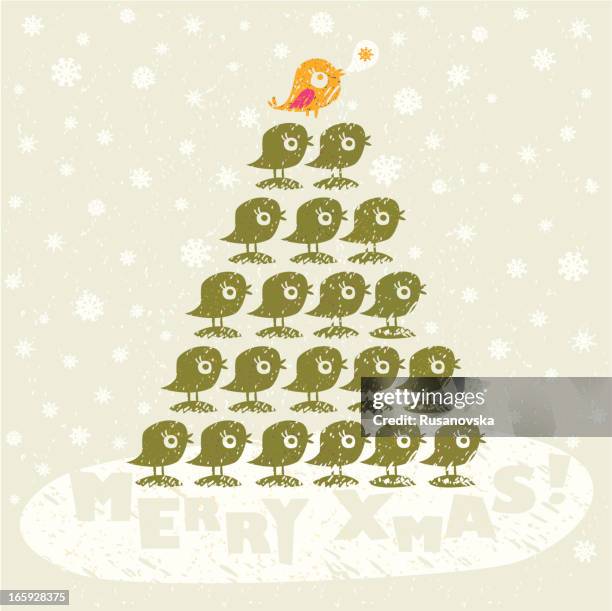 christmas bird tree - robin stock illustrations
