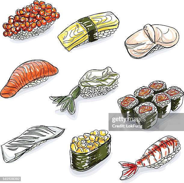 color sushi collection - japanese food stock illustrations