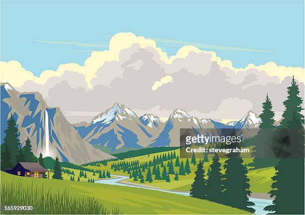 hütte in die berge - panorama stock-grafiken, -clipart, -cartoons und -symbole