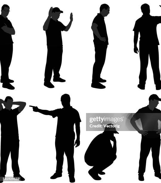 casual posing silhouette - man pointing at camera stock illustrations