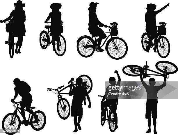 man and woman cycling - bike hand signals stock illustrations