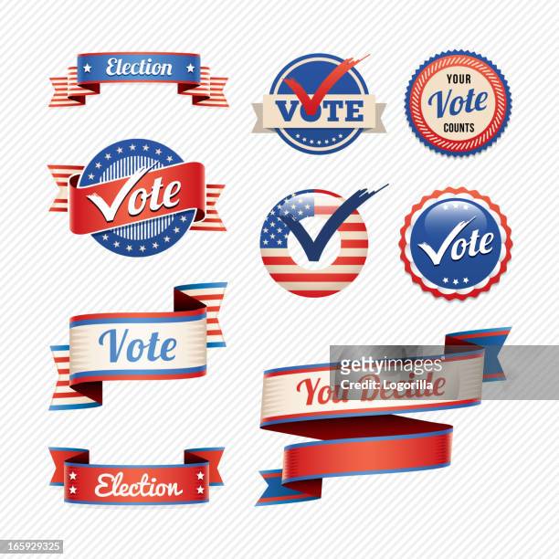 illustrazioni stock, clip art, cartoni animati e icone di tendenza di badges e banner di voto - spilla di campagna politica