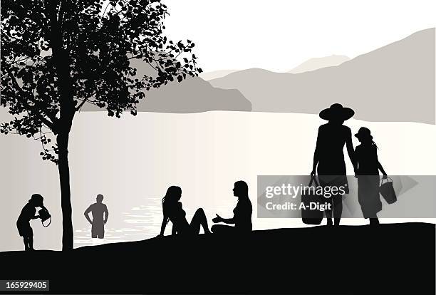 sunhats'n lake vector silhouette - man swimming in water stock illustrations