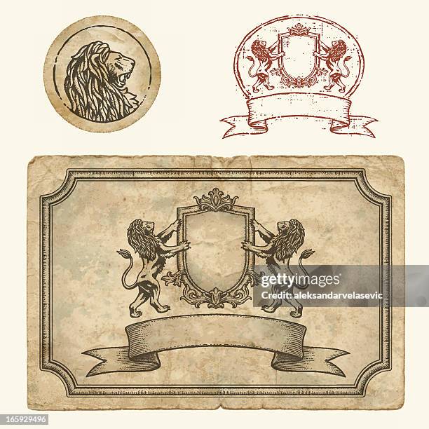 illustrazioni stock, clip art, cartoni animati e icone di tendenza di vintage etichette e timbro con leoni - coat of arms