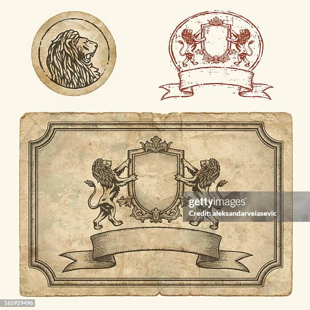 vintage labels and stamp with lions - seal mammal stock illustrations