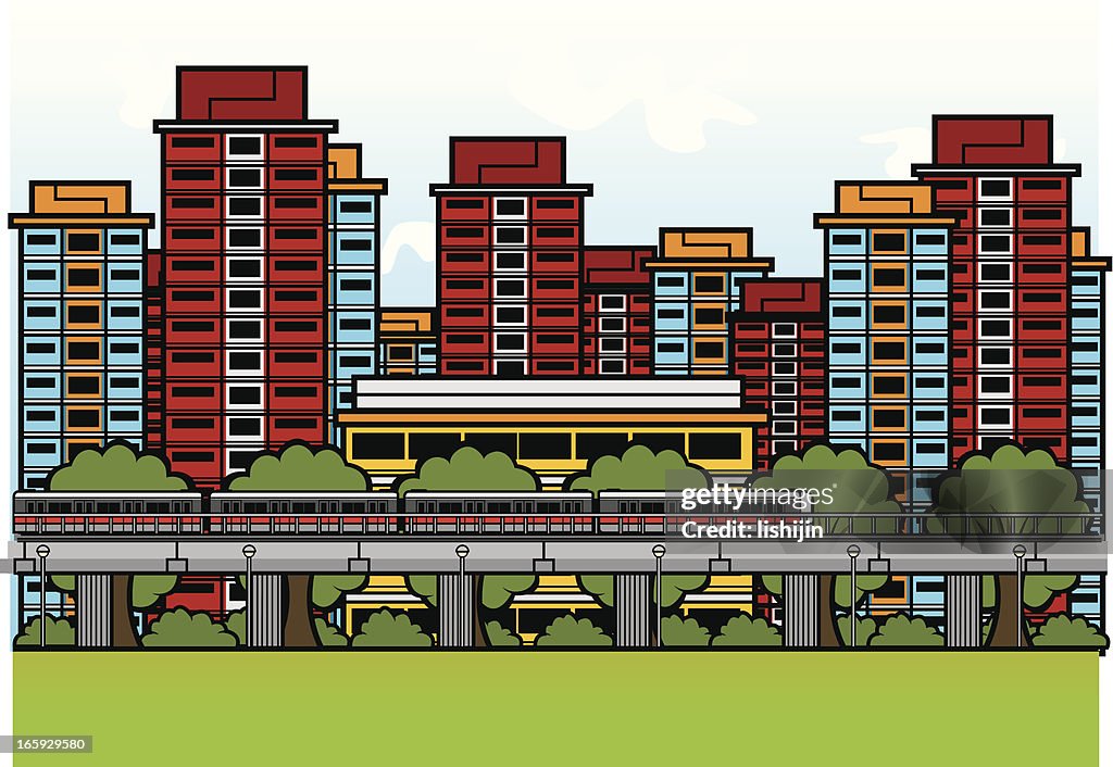 MRT train among HDB flats
