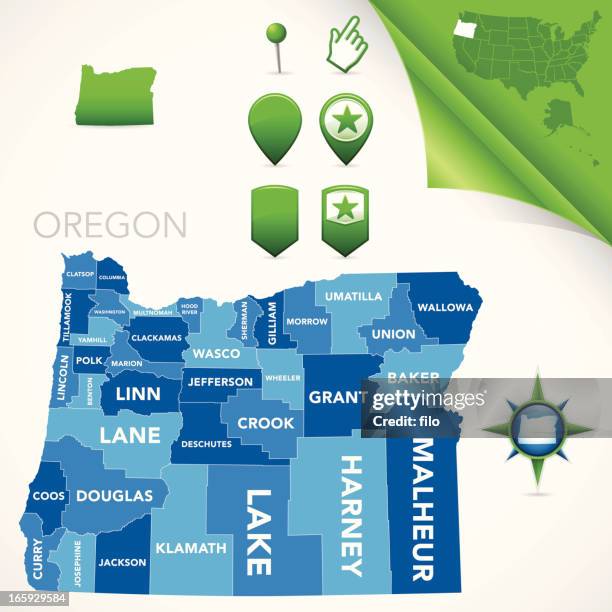 ilustraciones, imágenes clip art, dibujos animados e iconos de stock de mapa del condado de oregón - oregón estado de los ee uu