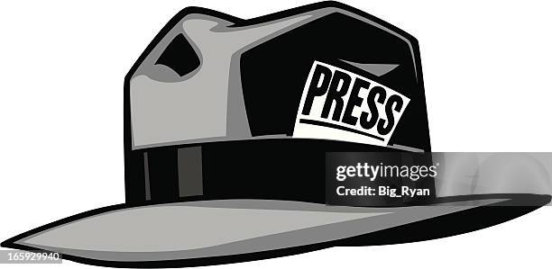 grey cartoon hat with the word press - fedora stock illustrations