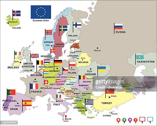 ilustrações, clipart, desenhos animados e ícones de a europa mapa com ícones de pinos bandeiras e - fin