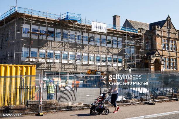 General view of scaffolding at Balbardie Primary School on September 04, 2023 in Bathgate, Scotland. Councils across Scotland are reporting schools...
