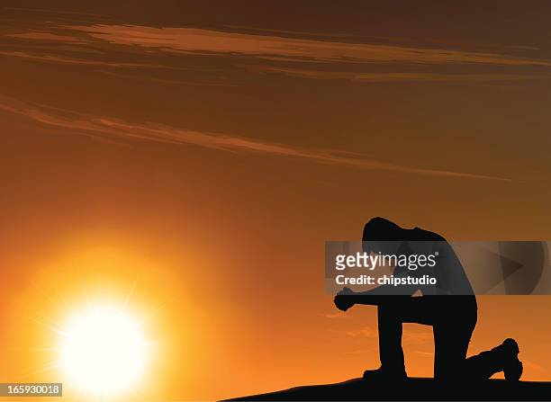 stockillustraties, clipart, cartoons en iconen met background of an outlined kneeling man in front of a sunset - kneeling