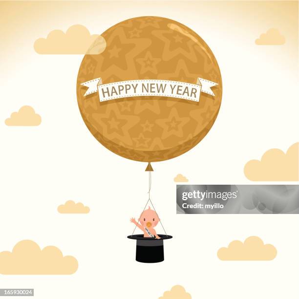 happynewyear balloon newborn tophat baby illustration vector party - new years day stock illustrations