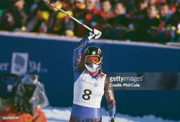 American alpine ski racer Picabo Street after winning the silver medal in the Women's Downhill event at the Winter Olympics at Lillehammer, Norway,...