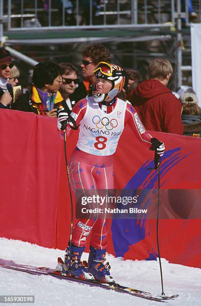 American alpine ski racer Picabo Street at the Women's Downhill event at Happo One, Hakuba, Japan, during the Winter Olympics, 16th February 1998....