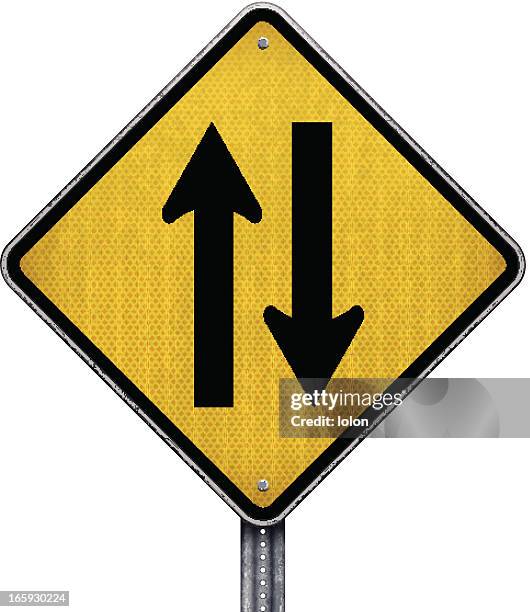 warning two-way traffic straight ahead road sign - road reflector stock illustrations