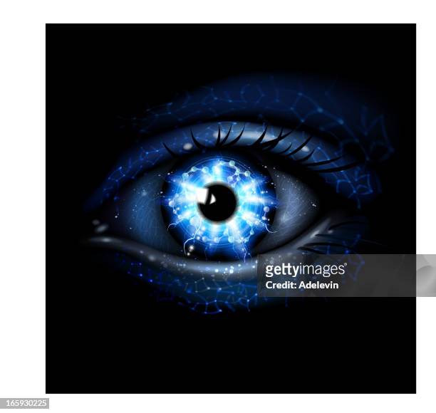 ilustraciones, imágenes clip art, dibujos animados e iconos de stock de ojo iluminación azul - iris eye