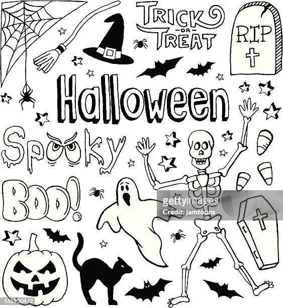 festive holiday themed small sketches for all hallows' eve - cat skeleton stock illustrations
