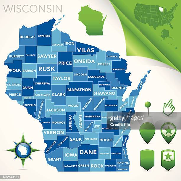 wisconsin county map - wisconsin stock illustrations