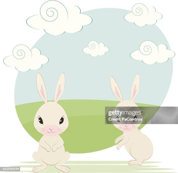 two cute bunnies - rabbit jump stock illustrations