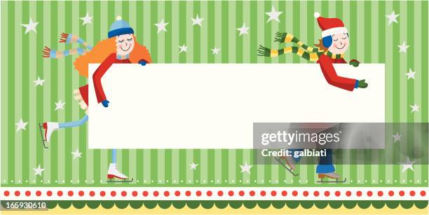 iceskating boy and girl holding a sign - ice skater stock illustrations