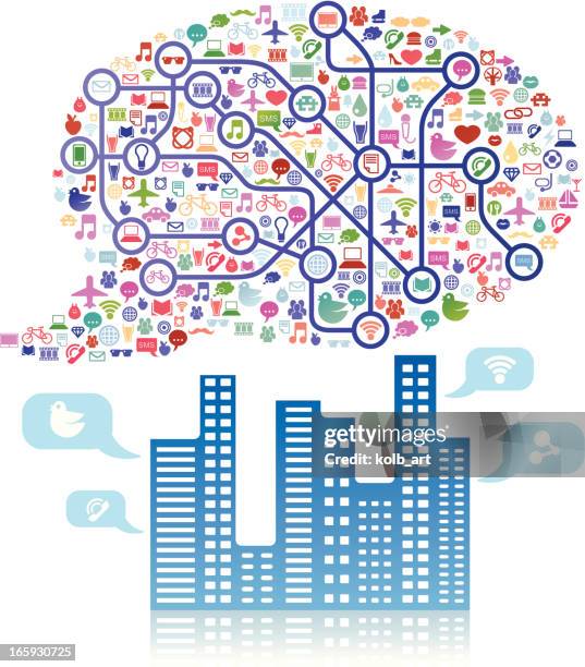 social media cloud speech bubble above a city - personal data stock illustrations