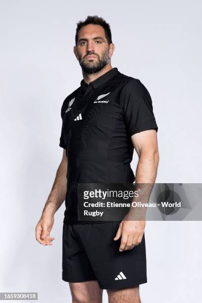 Samuel Whitelock of New Zealand poses for a portrait during the New Zealand Rugby World Cup 2023 Squad photocall on September 02, 2023 in Lyon,...