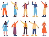 Cartoon people looking up. Men and women point with fingers upwards. Young persons standing backside. Target search. Girls showing with forefingers. Guys raising hands. Vector poses set