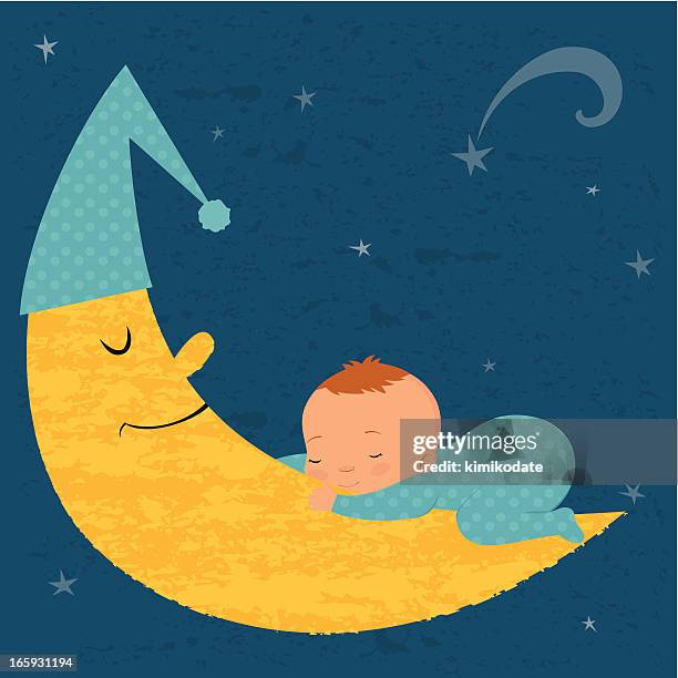 sleeping baby boy with moon - mini moon stock illustrations