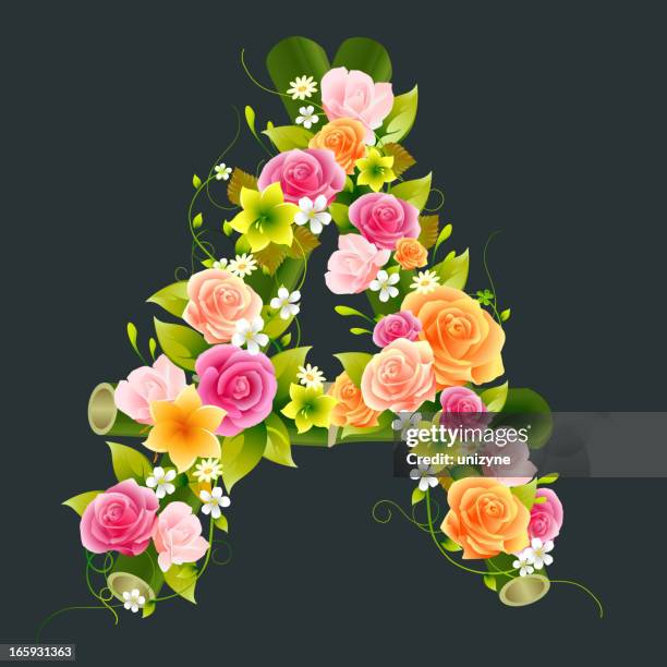 ilustraciones, imágenes clip art, dibujos animados e iconos de stock de capital flores letras a, en bambú - letra a con flores vector a