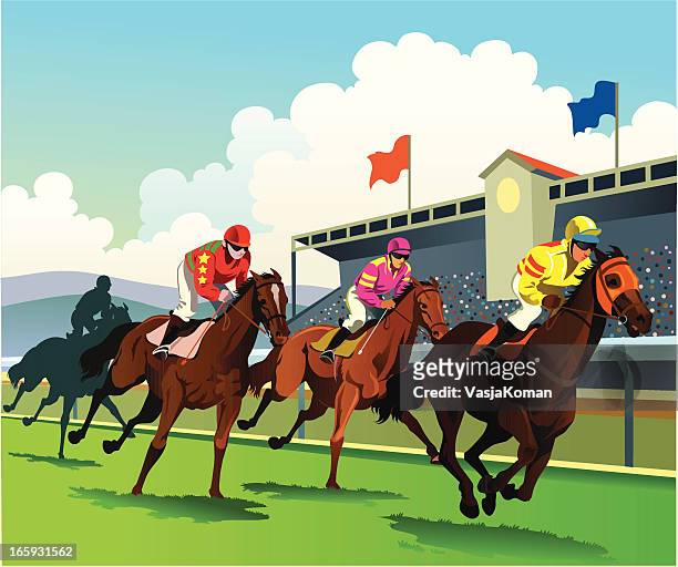 illustrations, cliparts, dessins animés et icônes de course de chevaux pur-sang à la ligne d'arrivée - chevaux