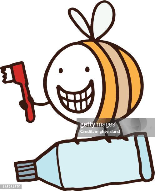 bee holding a tooth brush and toothpaste - holding toothpaste stock illustrations