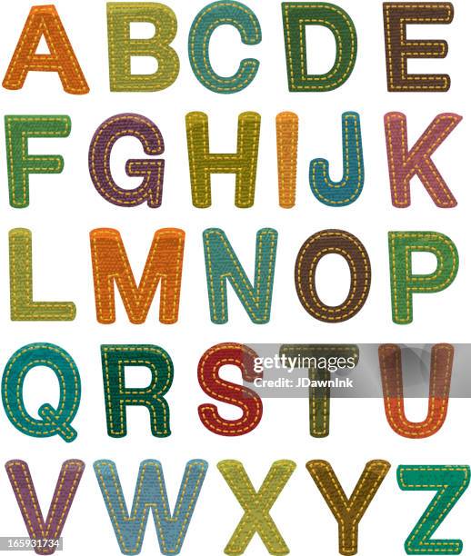 ilustrações de stock, clip art, desenhos animados e ícones de tecido colorido conjunto de letras com pespontos - trabalho manual