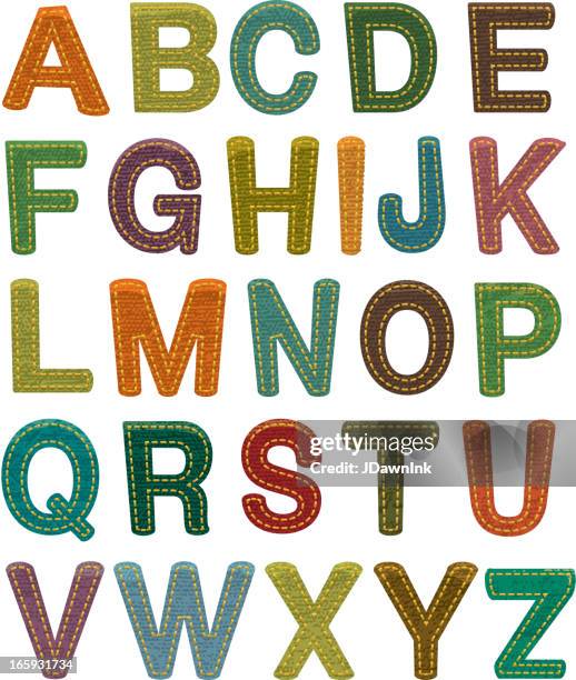 colorful fabric alphabet set with stitching - stitching stock illustrations