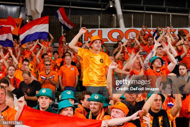 Fans of the Netherlands looks on after the UEFA EURO 2024 European qualifier match between Republic of Ireland and Netherlands at Dublin Arena on...