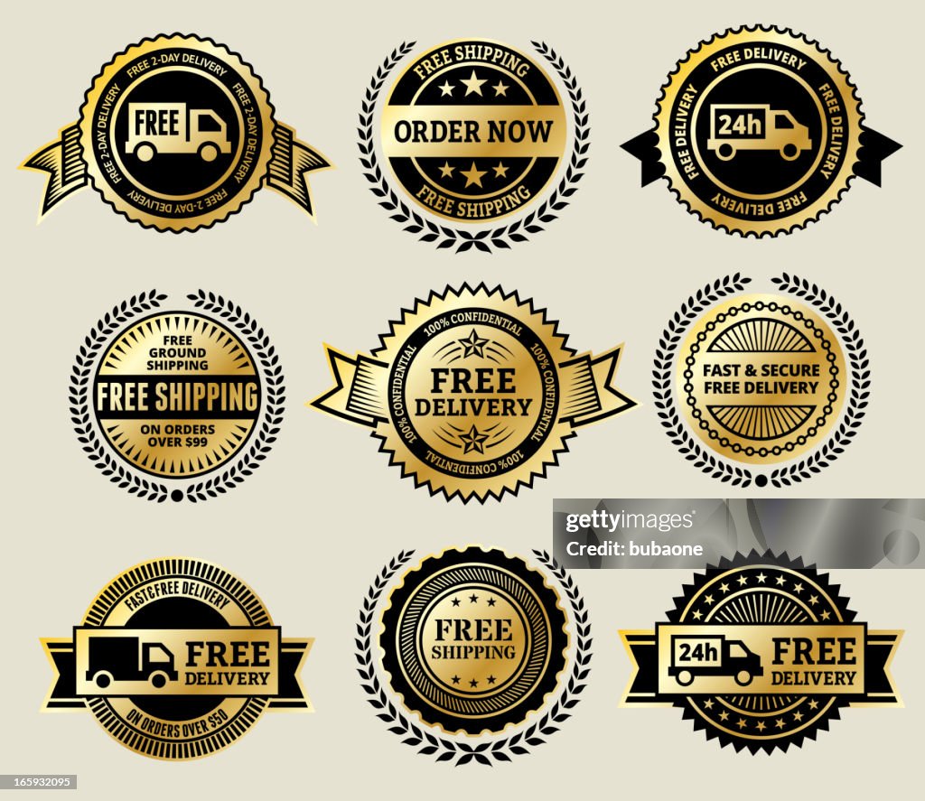 Online Order with Free Delivery gold Vector Icon badge set
