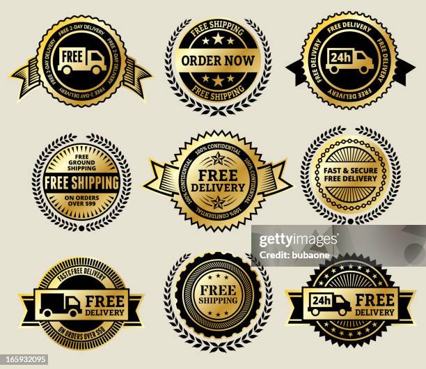 online order with free delivery gold vector icon badge set - best in show stock illustrations