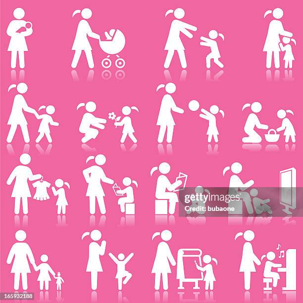 mother and daughter family time pink & white icon set - potty training stock illustrations
