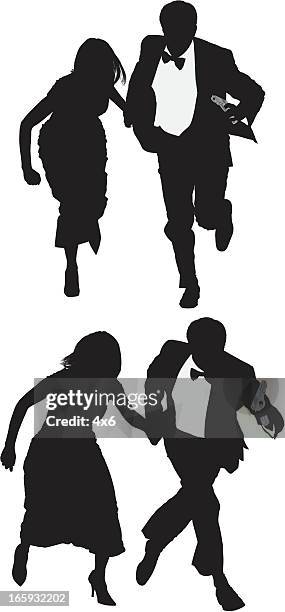 multiple images of a couple running - evening gown silhouette stock illustrations