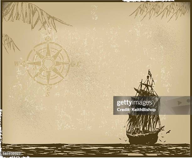 pirate ship background with compass - brigantine 幅插畫檔、美工圖案、卡通及圖標