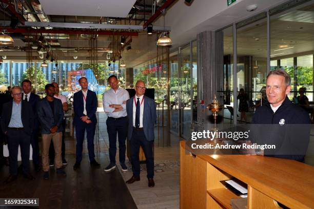 Luke Donald, Captain of Team Europe speaks with spectators during the Luke Donald Ryder Cup Wildcard Announcement at Sky Sports Studios on September...