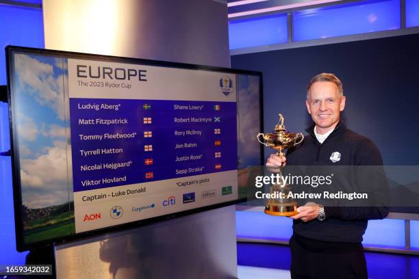 Luke Donald, Captain of Team Europe poses for a photo during the Luke Donald Ryder Cup Wildcard Announcement at Sky Sports Studios on September 04,...