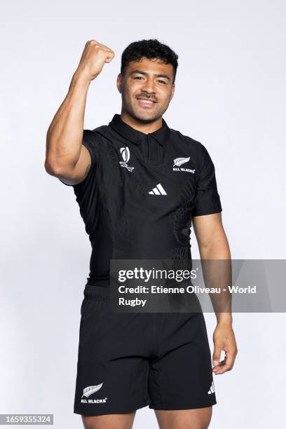 Richie Mo'unga of New Zealand poses for a portrait during the New Zealand Rugby World Cup 2023 Squad photocall on September 02, 2023 in Lyon, France.