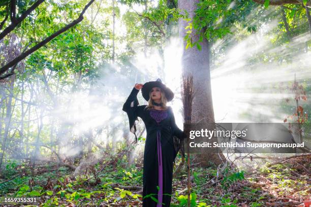 magical halloween adventure: enchantress in witch costume roaming forest - charmeur photos et images de collection