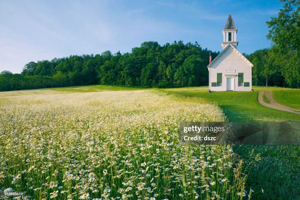 Field of daisy wildflowers and old country church