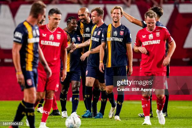 Orlando Engelaar of Wouts All Stars celebrates after scoring his teams first goal, Michel Vlap of Wouts All Stars during the Farewell match of Wout...