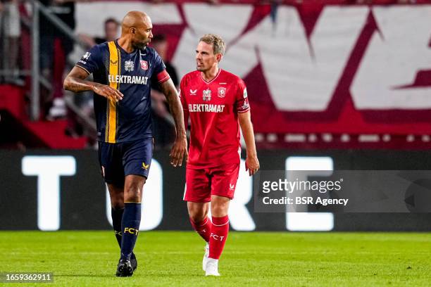 Orlando Engelaar of Wouts All Stars talking with Wout Brama of FC Twente 2010 & 2011 during the Farewell match of Wout Brama between FC Twente 2010 &...
